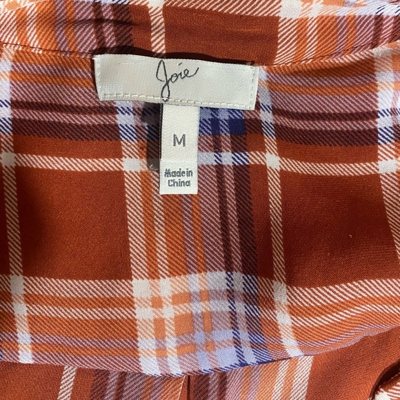 Joie Nelia Terracotta Rose Plaid Blouse, Size M, 100% Silk, Half Button Up - Picture 4 of 7